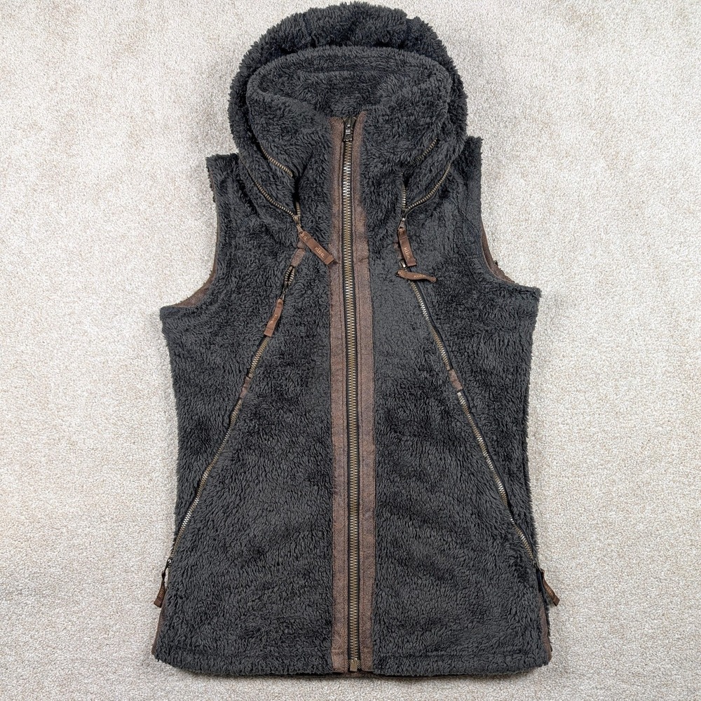 Kuhl Vest Womens XS Brown Flight Deep Pile Sherpa‎ Fleece Hidden Hood Full Zip